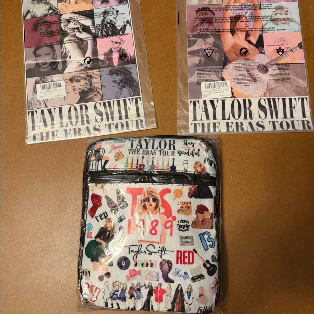 Taylor Swift White Multi Eras insulated lunch bag & two mini eras tour posters